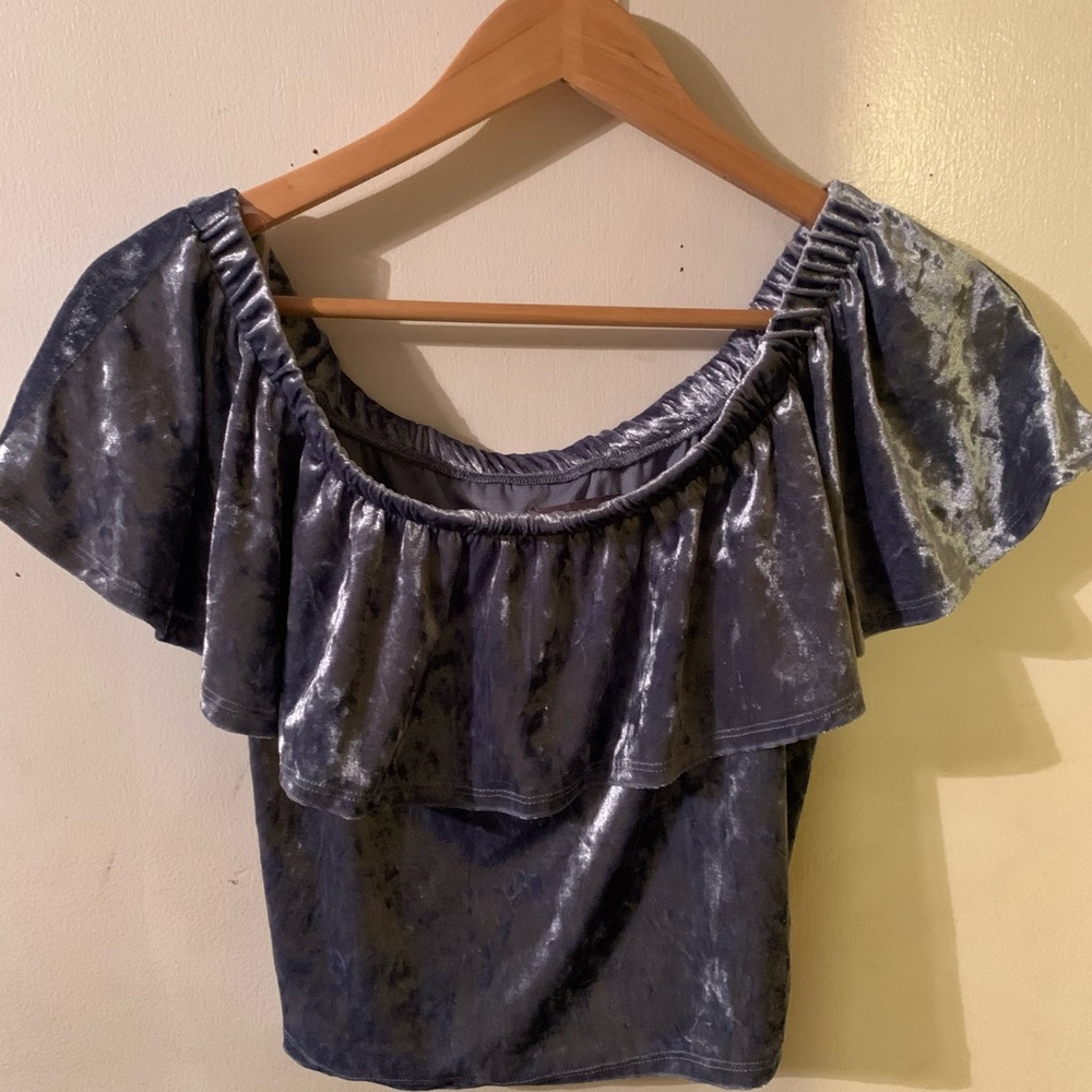 Blue Velvet Off The Shoulder Crop Top